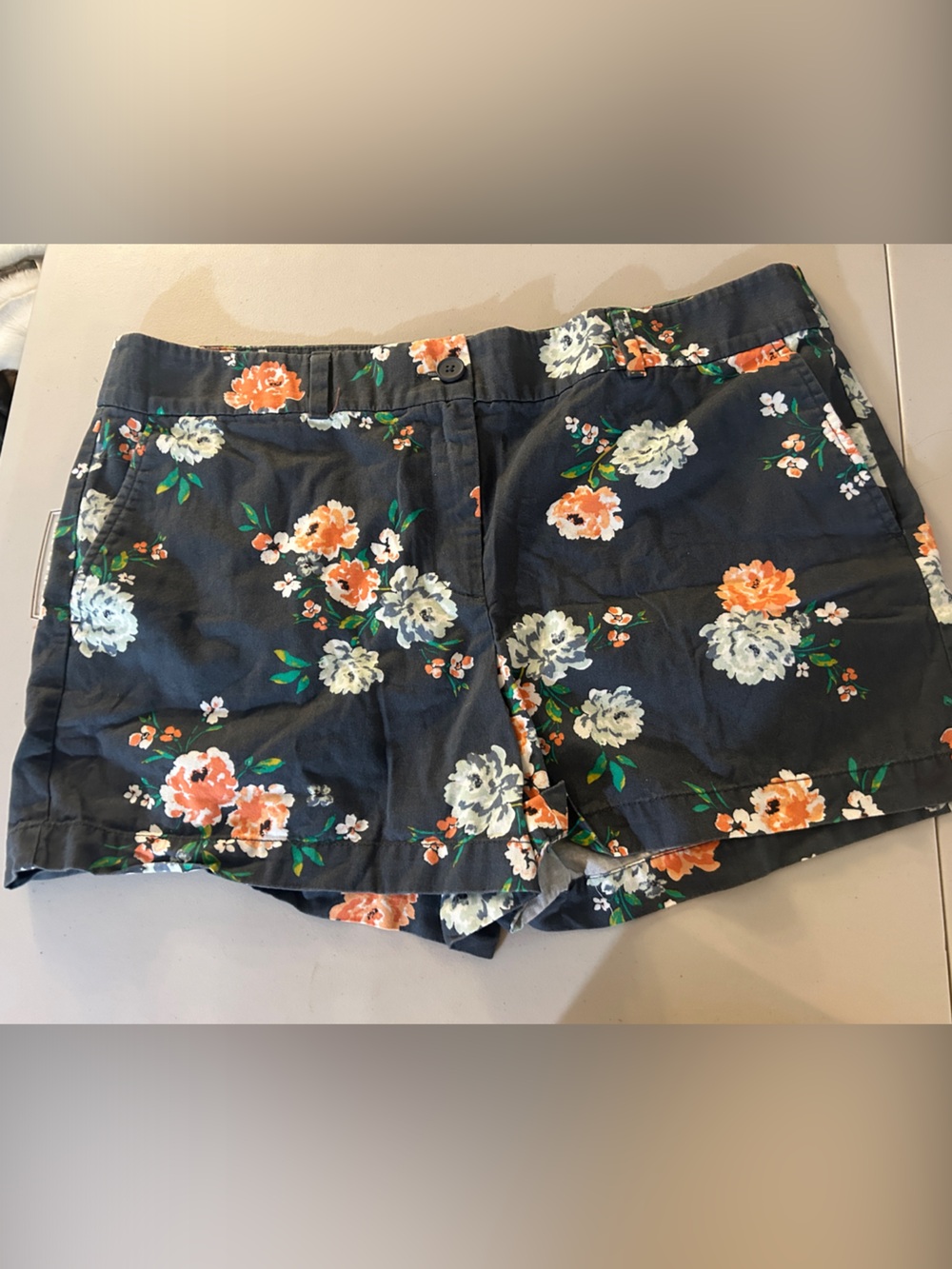 LOFT Navy Floral Shorts with Orange & White Blooms